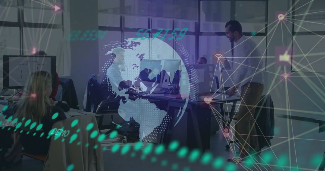 Collaborative Business Team with Digital World Overlay in Modern Office