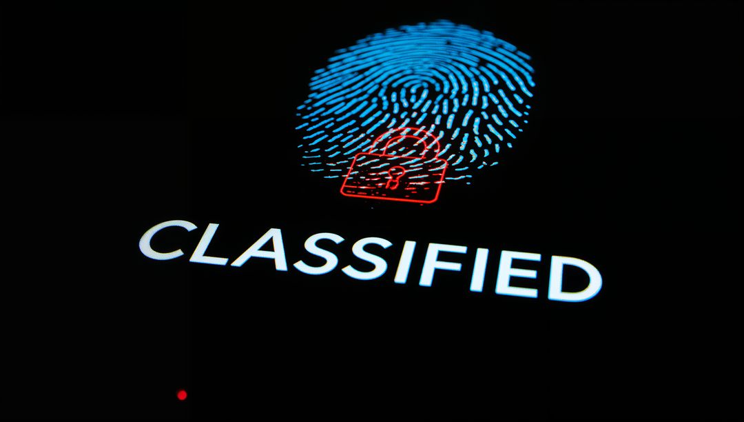 Blue Fingerprint with Red Padlock and CLASSIFIED Text Representing Digital Security and Privacy