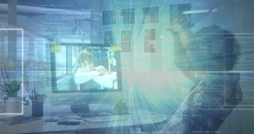Digital data overlay on business team analyzing tech concepts