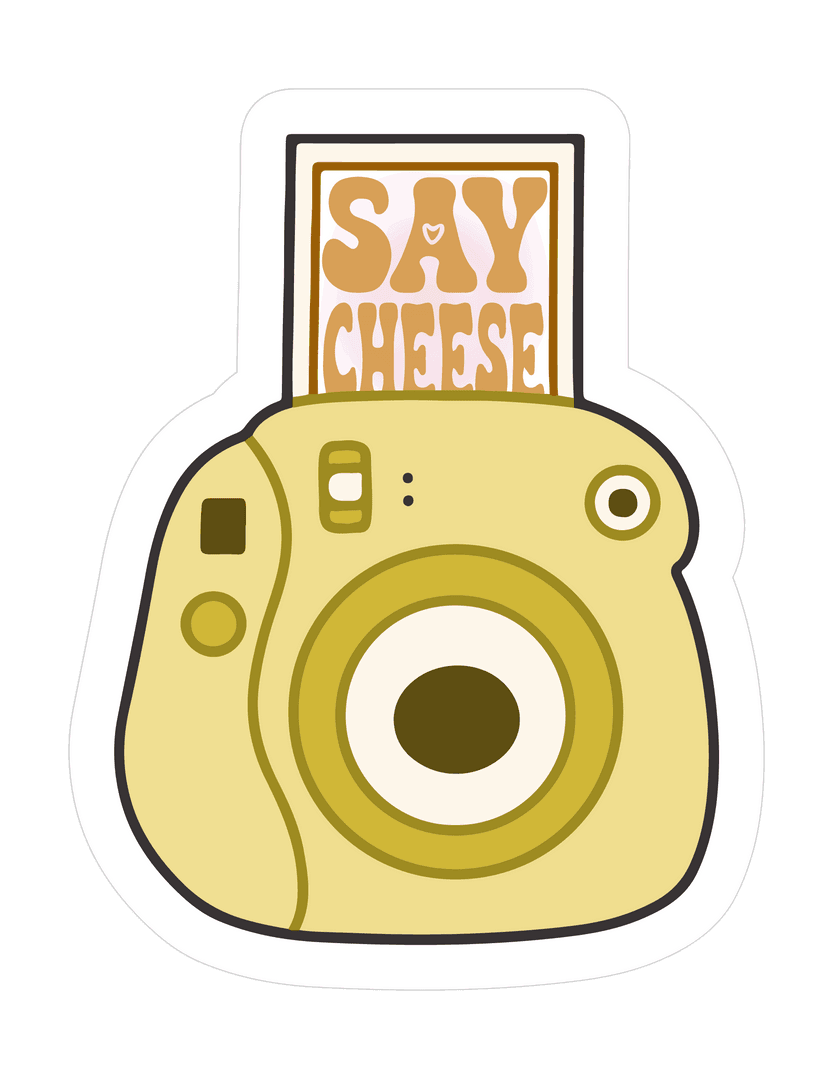 Pastel Yellow Instant Camera with SAY CHEESE Sign on Transparent Background