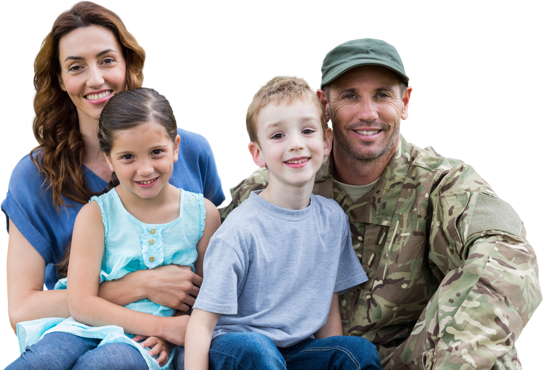 Happy army father in uniform with his family sitting together, transparent background - Download Free Stock Images Pikwizard.com