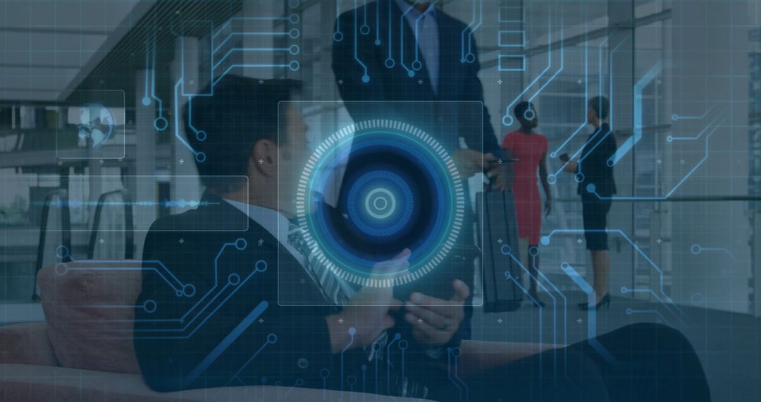 Professionals Interacting with Futuristic Holographic Interface in Modern Office