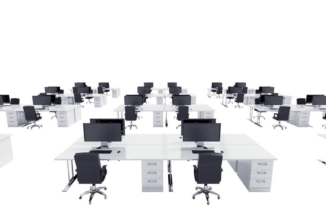 Modern Office Desk Layout with Computers on Transparent Background