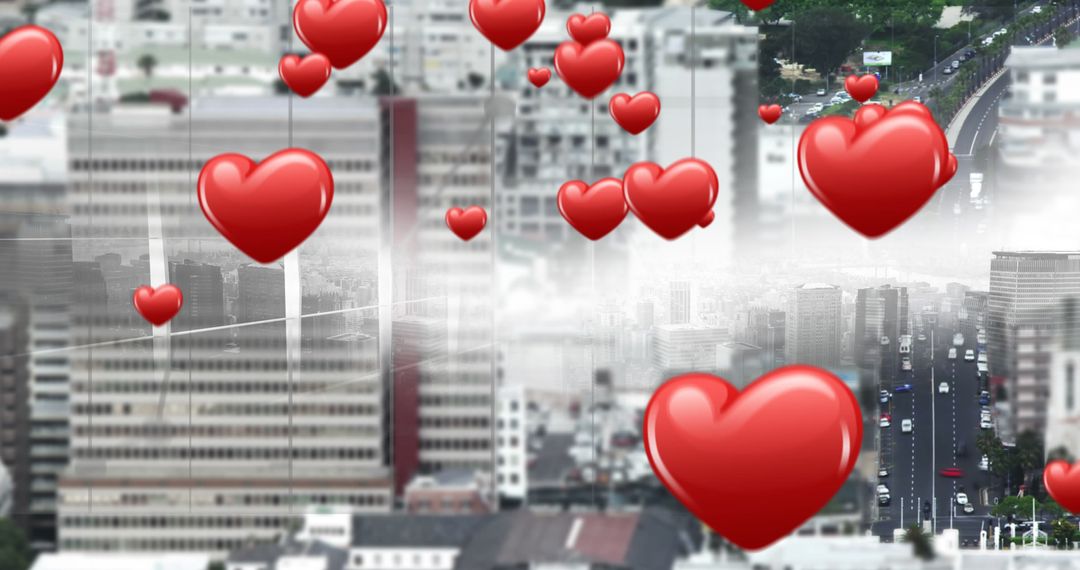 Red Hearts Floating Over Modern Cityscape Symbolizing Connection