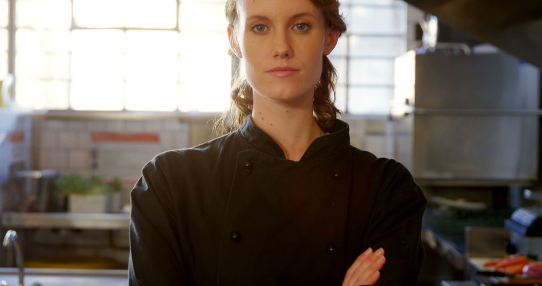 Confident Female Chef Standing in Industrial Kitchen - Free Images, Stock Photos and Pictures on Pikwizard.com