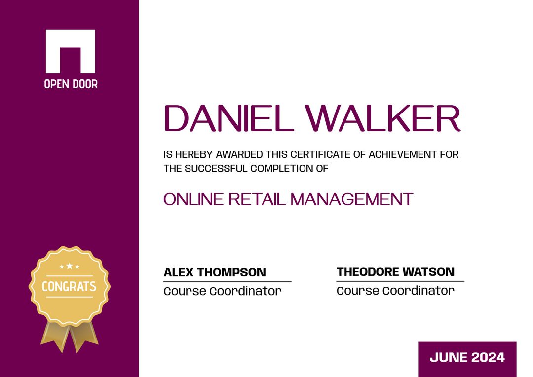 Certificate of Achievement in Online Retail Management - Download Free Stock Templates Pikwizard.com