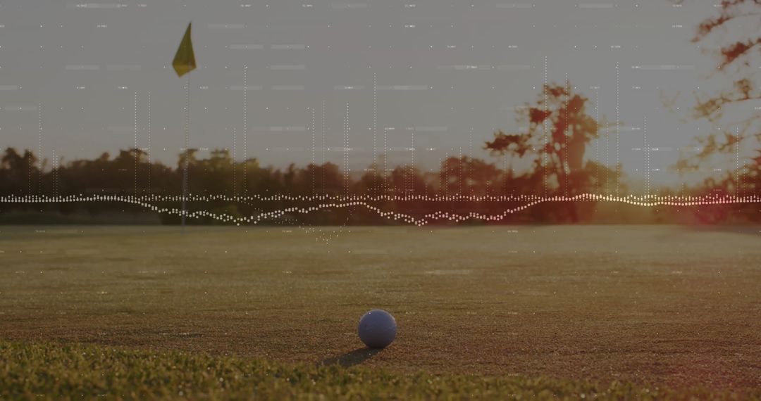 Golf Ball on Green with Audio Waveform Overlay at Sunset
