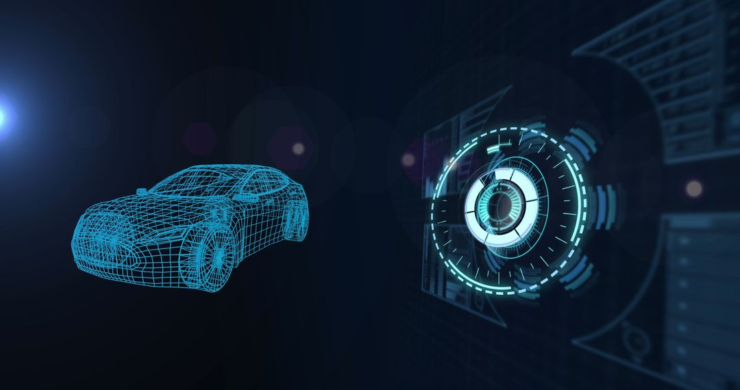 Futuristic 3D Car Wireframe with Digital Interface in Blue Tones