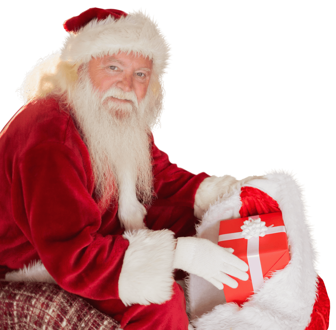 Santa Claus Packing Gifts Sack on Transparent Background