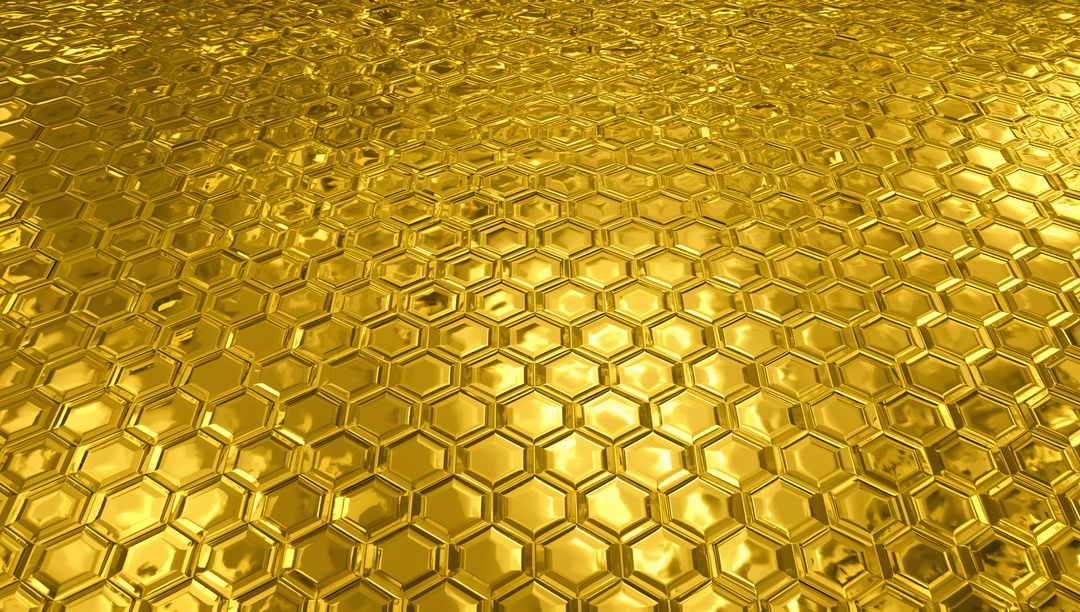 Reflective Gold Hexagonal Honeycomb Texture with Beveled Edges and Gleaming Sheen