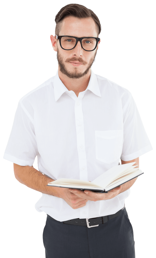 Transparent Image of Concentrated Man Reading Book with Serious Expression