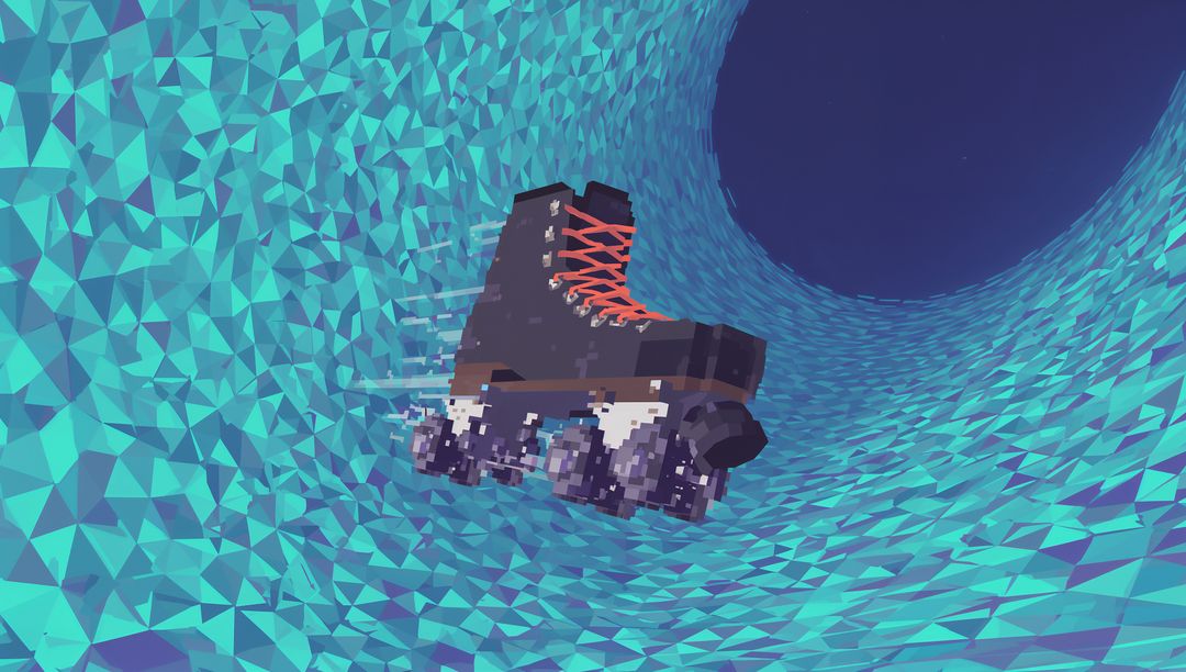 Floating High-Top Roller Skate Spinning Inside Teal Low-Poly Vortex with Orange Laces