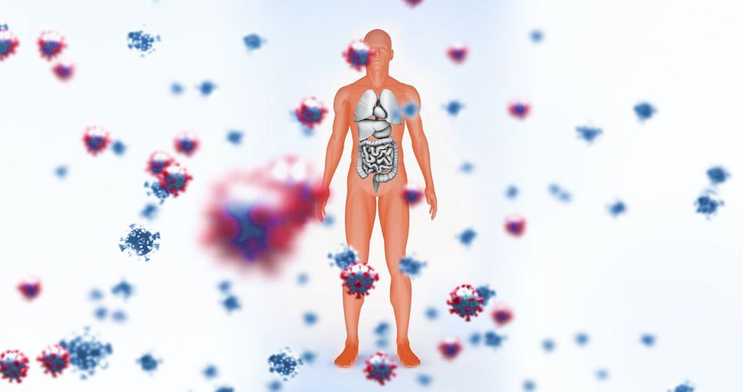 Human Body Model with Floating Virus Cells Digital Illustration