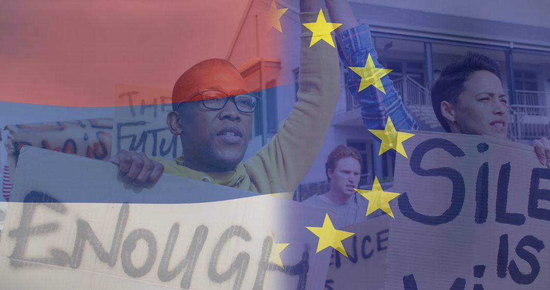 Protesters Advocating Symbolically with Dutch and EU Flags Overlay