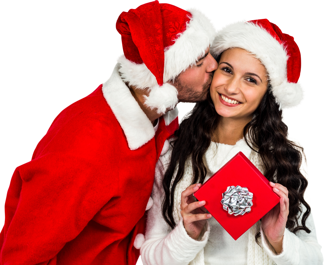 Happy Couple Wearing Christmas Hats Sharing Festive Gift with Transparent Background - Download Free Stock Images Pikwizard.com