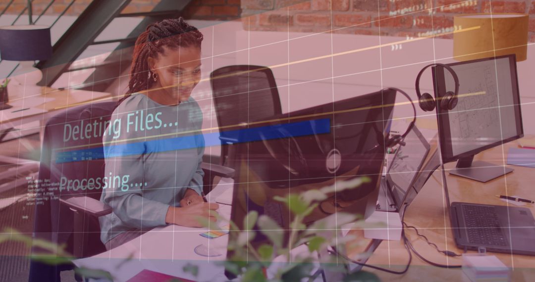 Digital Interface Overlay with Focused Businesswoman in Office