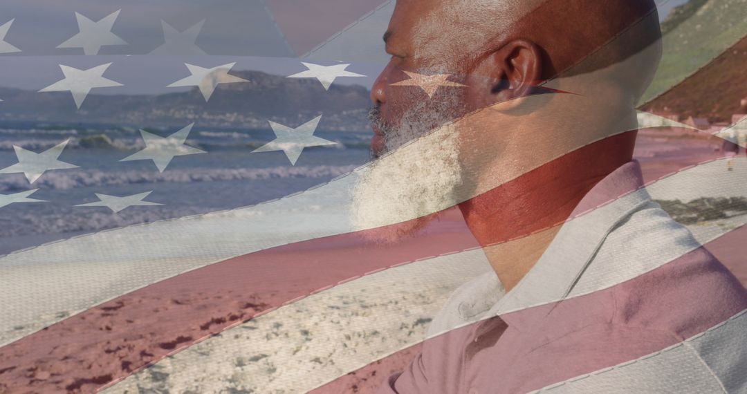 Patriotic Reflection: Elderly Man with USA Flag on Serene Beach