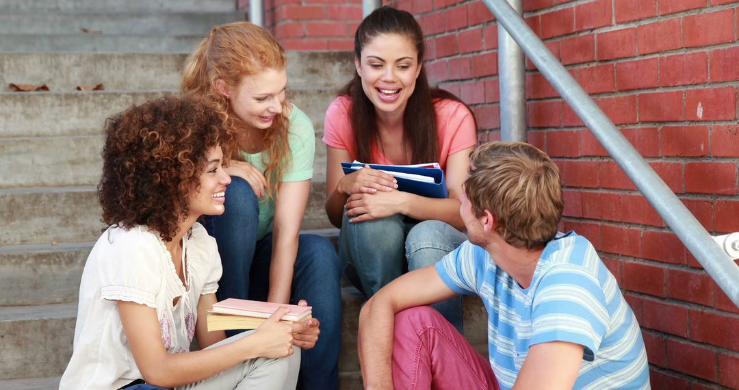 Cheerful Students Chatting on Campus Steps with Books
