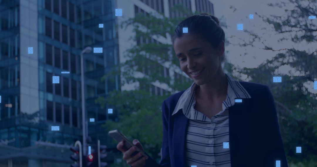 Digital Data Overlay on Businesswoman Using Smartphone in Urban Area