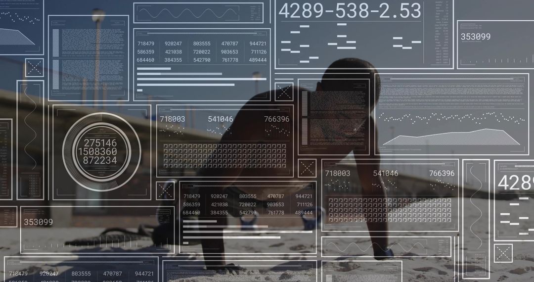 Athlete on Beach Performing Push-ups with Futuristic Digital Overlay