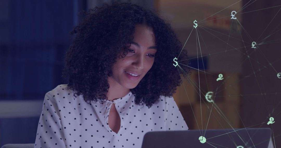 African American Businesswoman Using Laptop with Digital Global Network Overlay