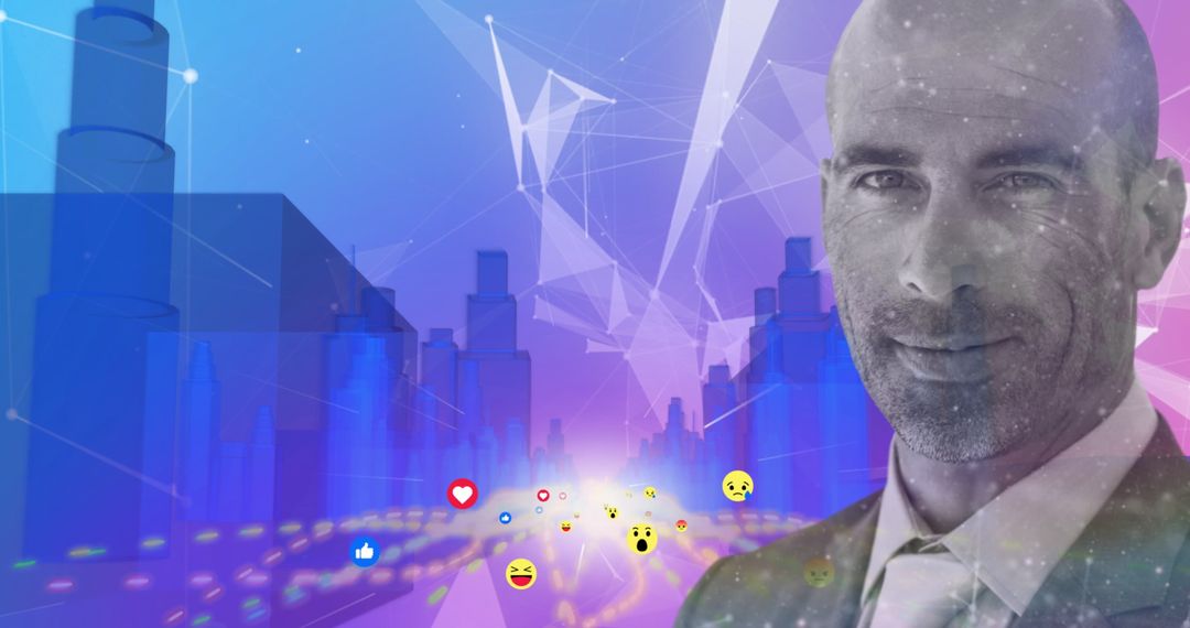 Businessman with Digital Network and Futuristic Cityscape