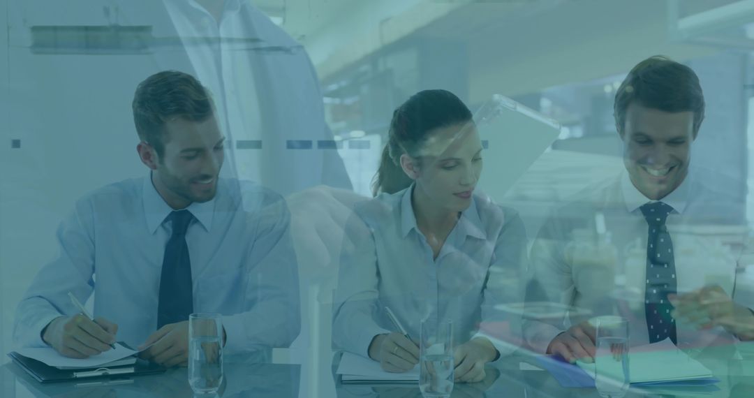 Corporate team taking notes around glass table with tablet reflection double exposure