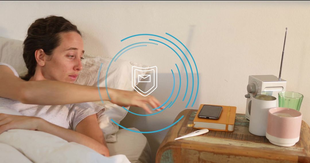 Woman Reaching for Alarm Clock on Rustic Bedside Table in Bedroom