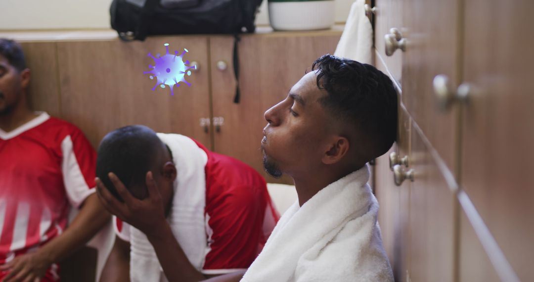 Diverse Soccer Players in Locker Room with Digital Virus Overlay