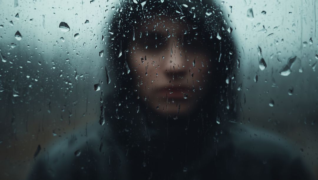 Mysterious Figure Through Raindrop-Covered Window Pane