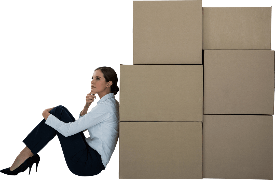 Transparent Thoughtful Businesswoman Leaning Against Boxes
