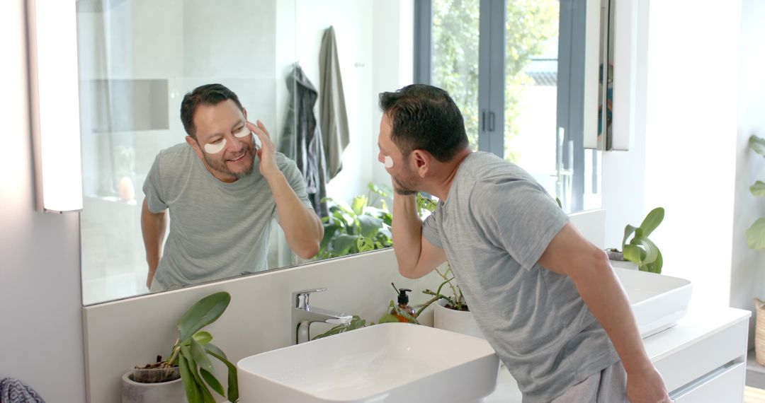 Man Engaged in Skincare Routine with Eye Patches Near Bathroom Mirror