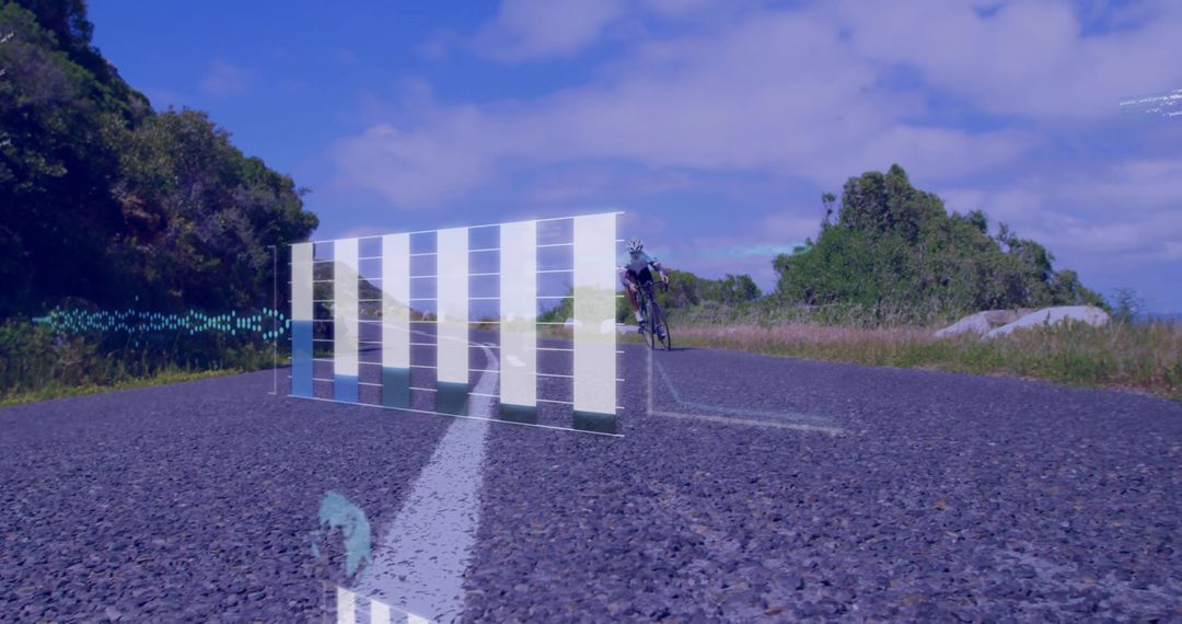 Cyclist on Rural Road Showing Digital Innovation and Performance Data