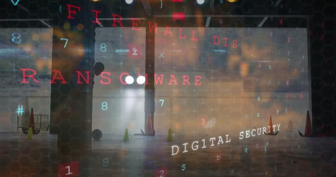 Silhouette Navigating Warehouse with Cybersecurity Overlay