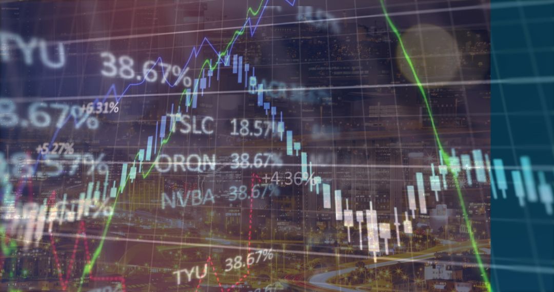 Futuristic City Skyline with Financial Data Overlay