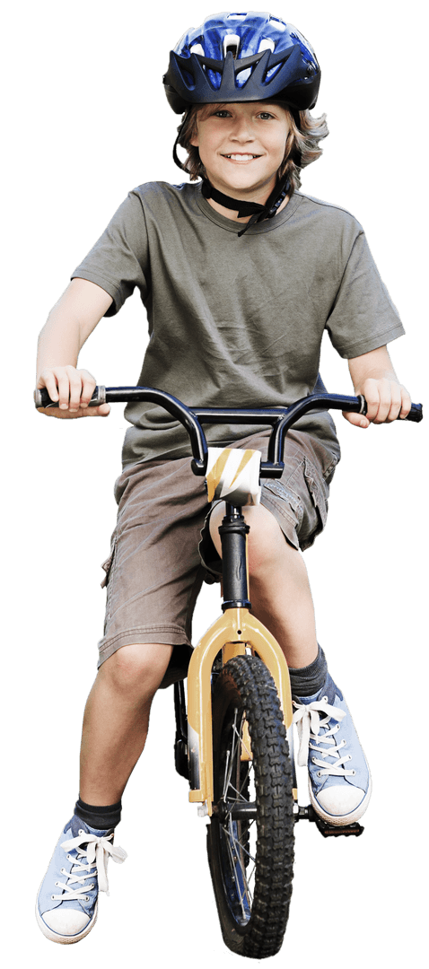 Joyful Boy Riding Bike with Helmet in Transparent Background