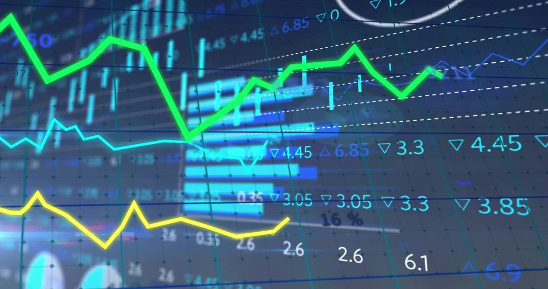 Abstract Financial Data Display with Trend Lines and Bar Charts