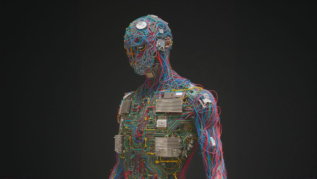 Colorful Wire Skeleton Robot Featuring Exposed Circuit Boards and Human-Like Form Cybernetic