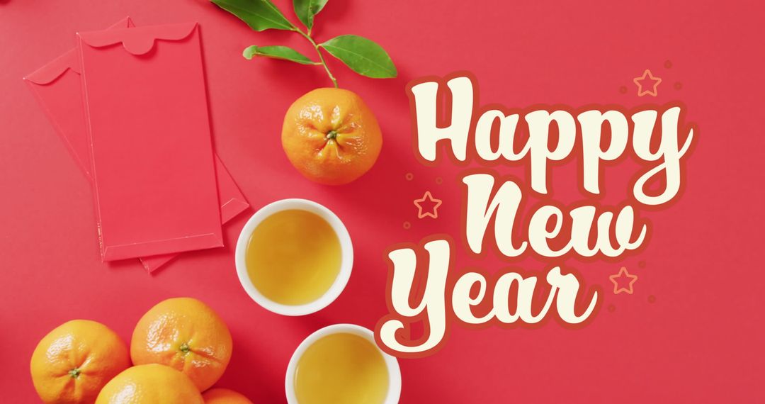Happy New Year Greeting with Tangerines and Tea on Red
