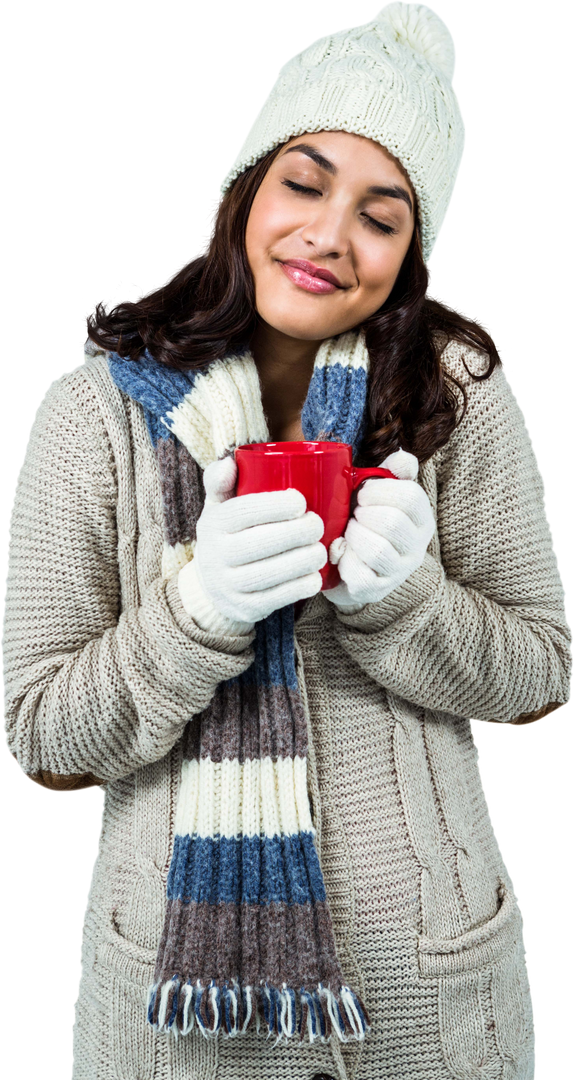 Festive Woman Holding Hot Drink in Cozy Winter Outfit on Transparent Background - Download Free Stock Images Pikwizard.com