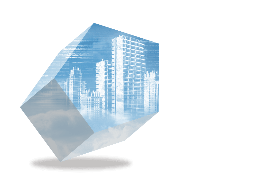 Futuristic Transparent Cube Featuring Digital Cityscape in Clouds