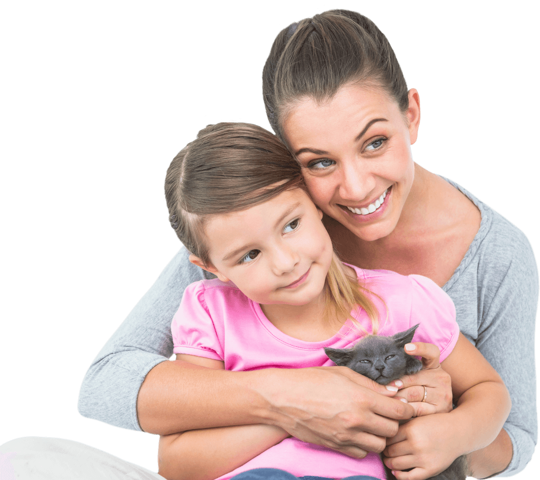 Smiling Mother and Daughter with Kitten on Transparent Background