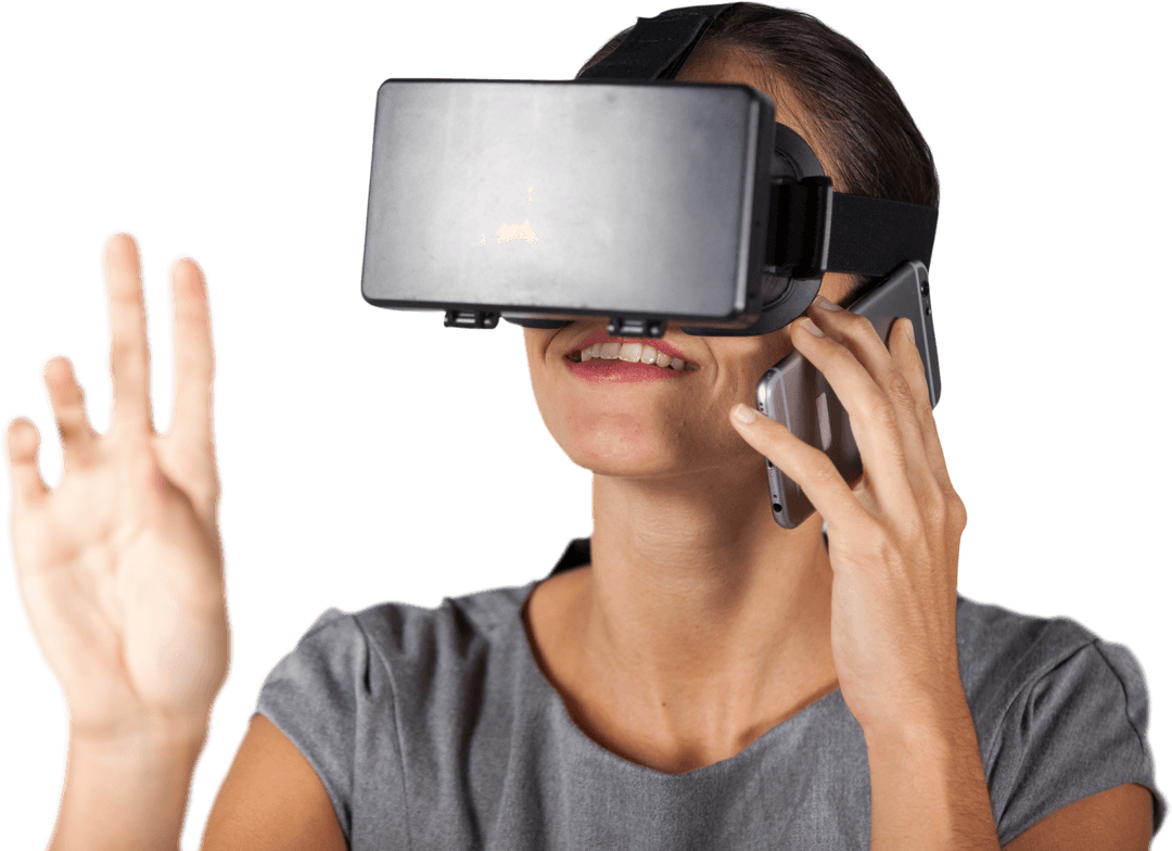Transparent Woman Engaging in Virtual Reality with Mobile Conversation
