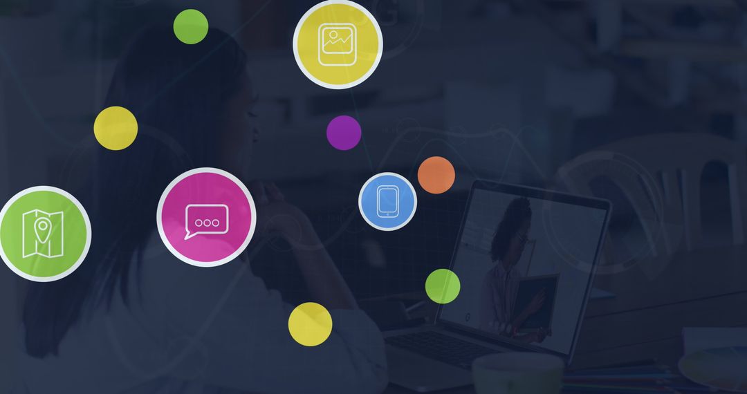 Businesswoman Engaging in Video Call with Digital Interface Overlay