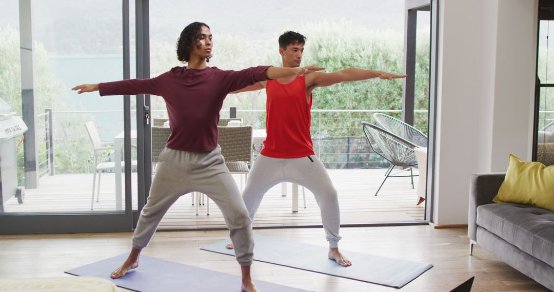 Two Men Practicing Yoga at Home with Modern Interior and Nature View - Free Images, Stock Photos and Pictures on Pikwizard.com