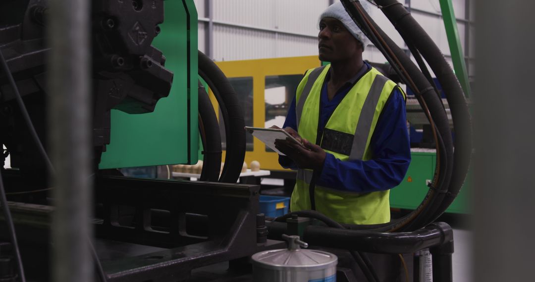 Factory Worker Using Tablet for Machinery Inspection