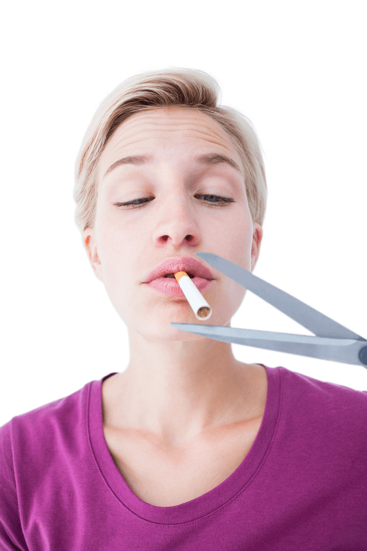 Woman Cutting Cigarette for Nicotine Awareness Transparent Background