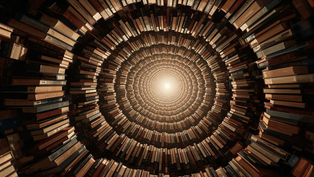 Spiraling Bookshelf Tunnel Leading to Bright Center