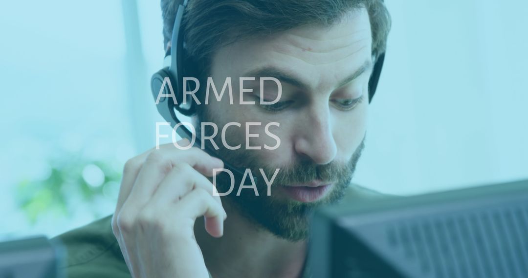 Professional Man Wear Headset While Talking at Desk in Modern Office