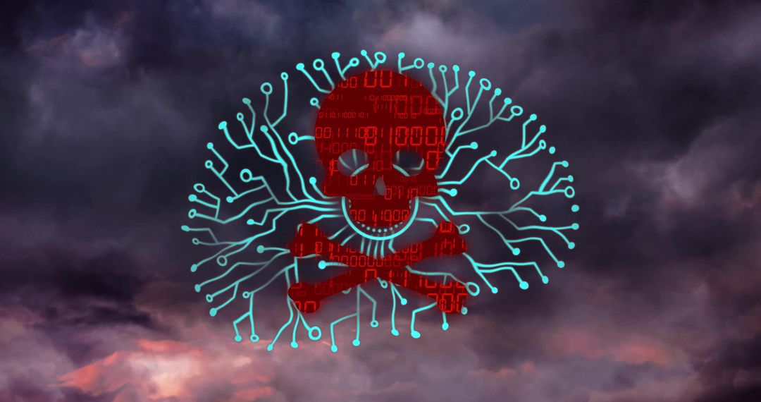 Digital Skull and Binary Code Against Stormy Sky